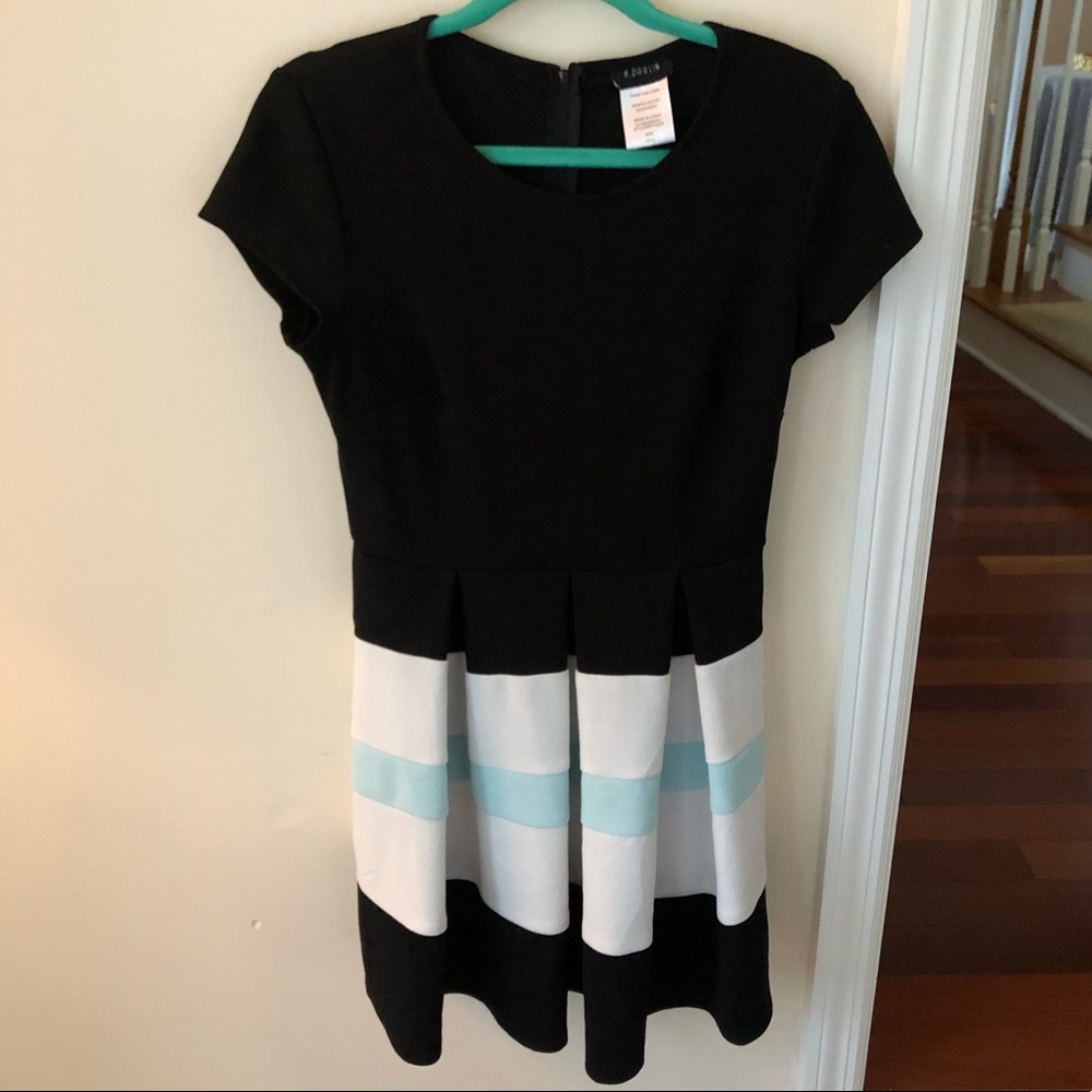 Women’s Black Babydoll Short Sleeve Dress with White and Blue Stripe Bottom